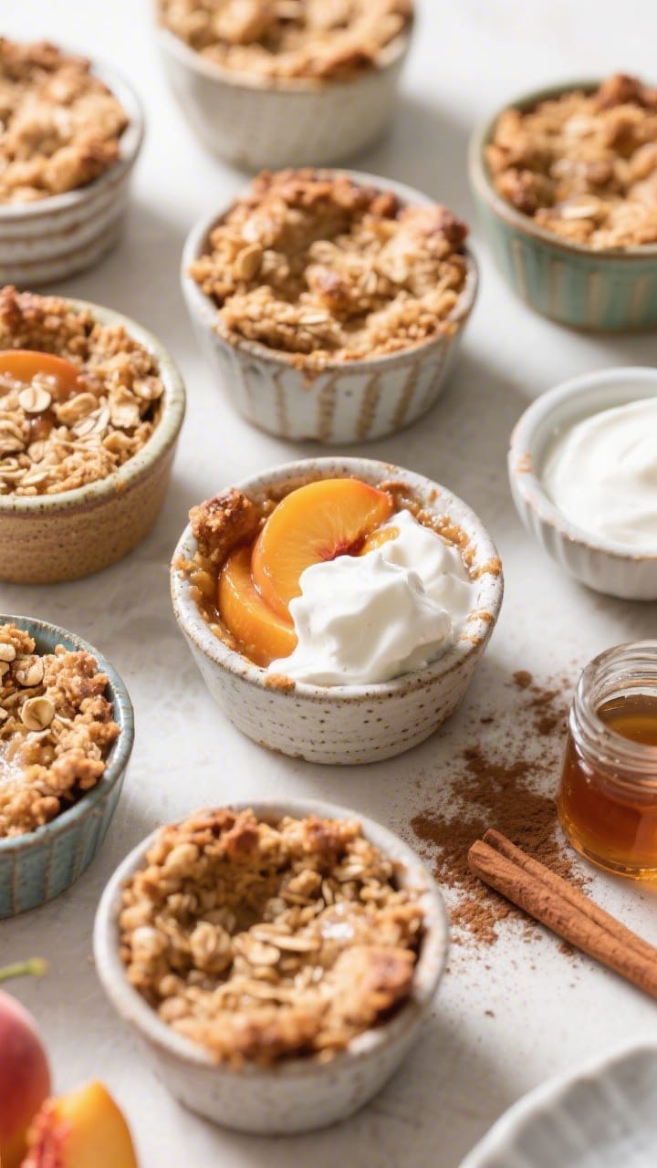 Tasty top view: Overhead brunch spread of multiple peach cobbler cups in mismatched stoneware, all e