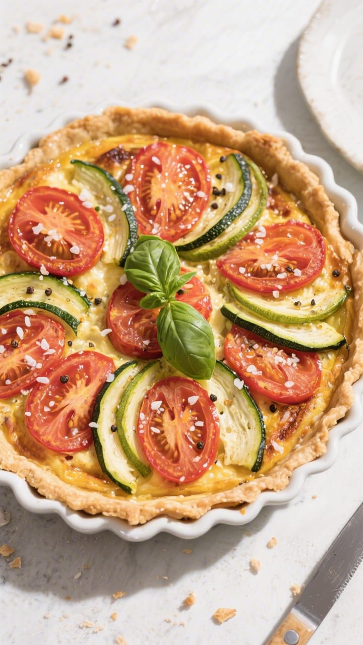 Tasty top view: Overhead hero shot of Savory Vegan Tofu Quiche with Heirloom Tomato, Zucchini Ribbons, Fresh Basil, and Herb-Infused Crust - A Bright, Flavor-Packed Morning Dish