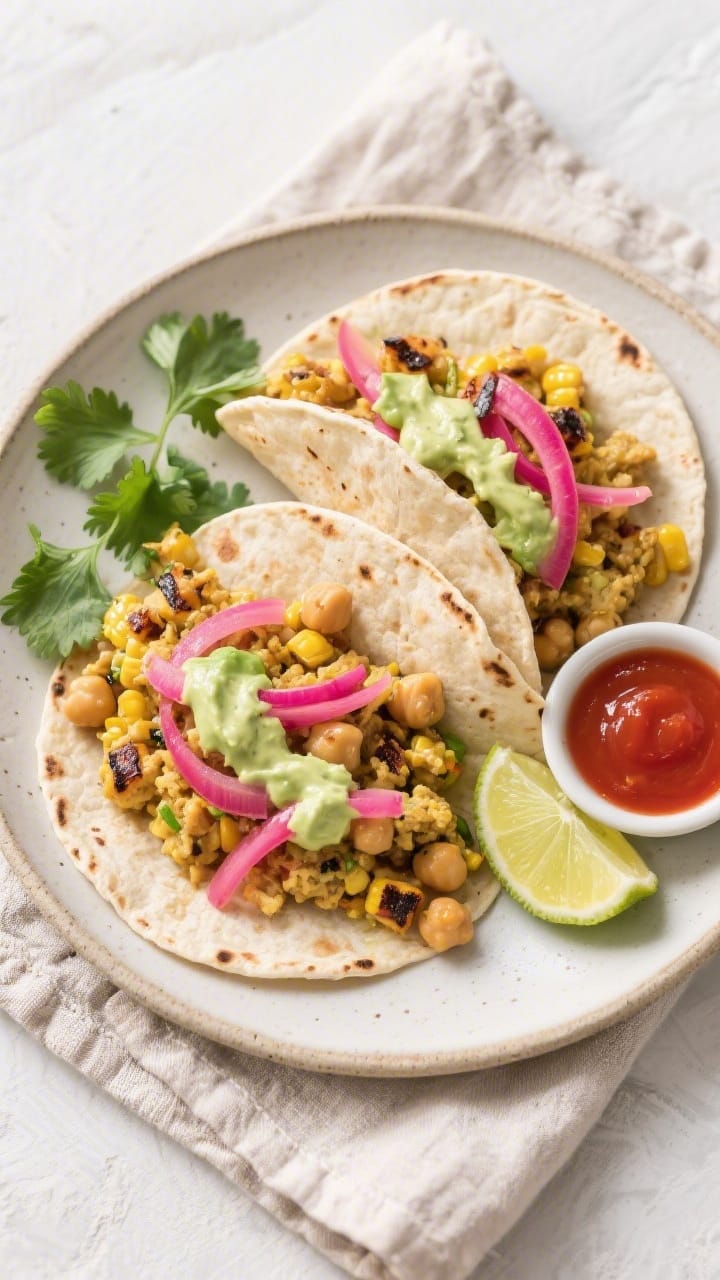Tasty top view: Overhead shot of assembled vegan chickpea scramble breakfast tacos&mdash;two to three sm