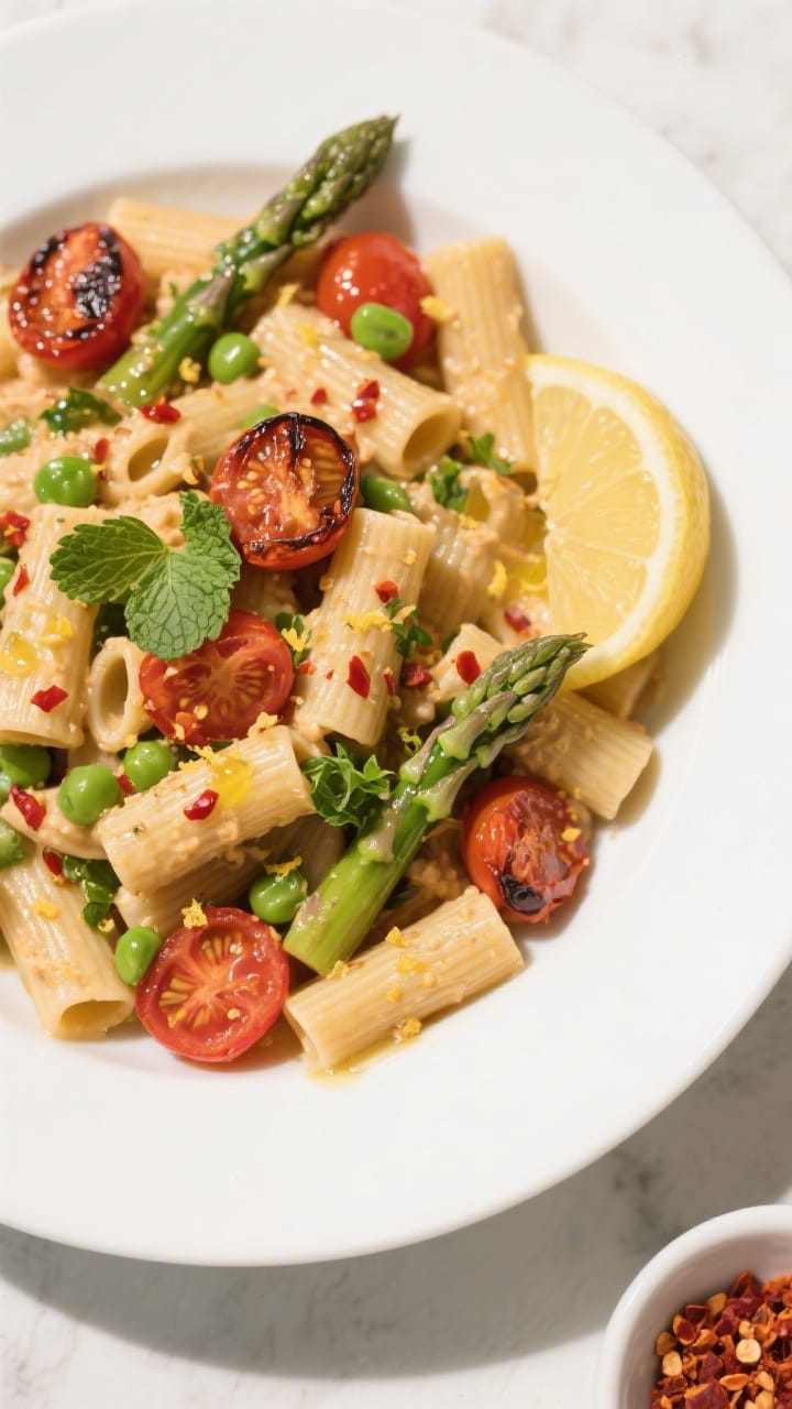 Tasty top view: Overhead shot of Easy Hummus Pasta fully assembled in a shallow, wide white bowl&mdash;r