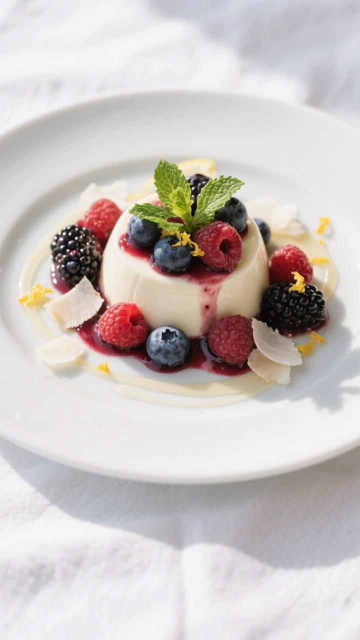 Tasty top view: Overhead shot of panna cotta unmolded onto matte white plates, topped with macerated