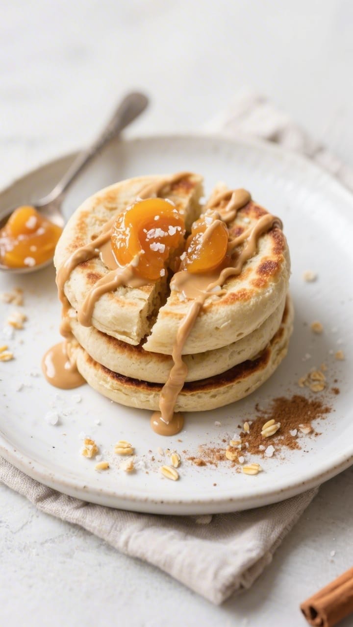 Tasty top view: Overhead shot of split, skillet-made vegan English muffins stacked on a white cerami
