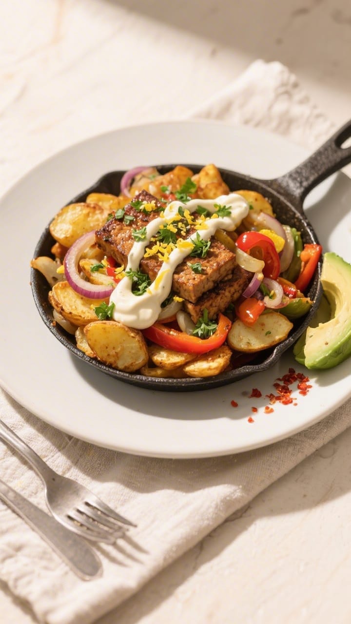 Easy Crispy Potatoes and Tempeh Breakfast Skillet.