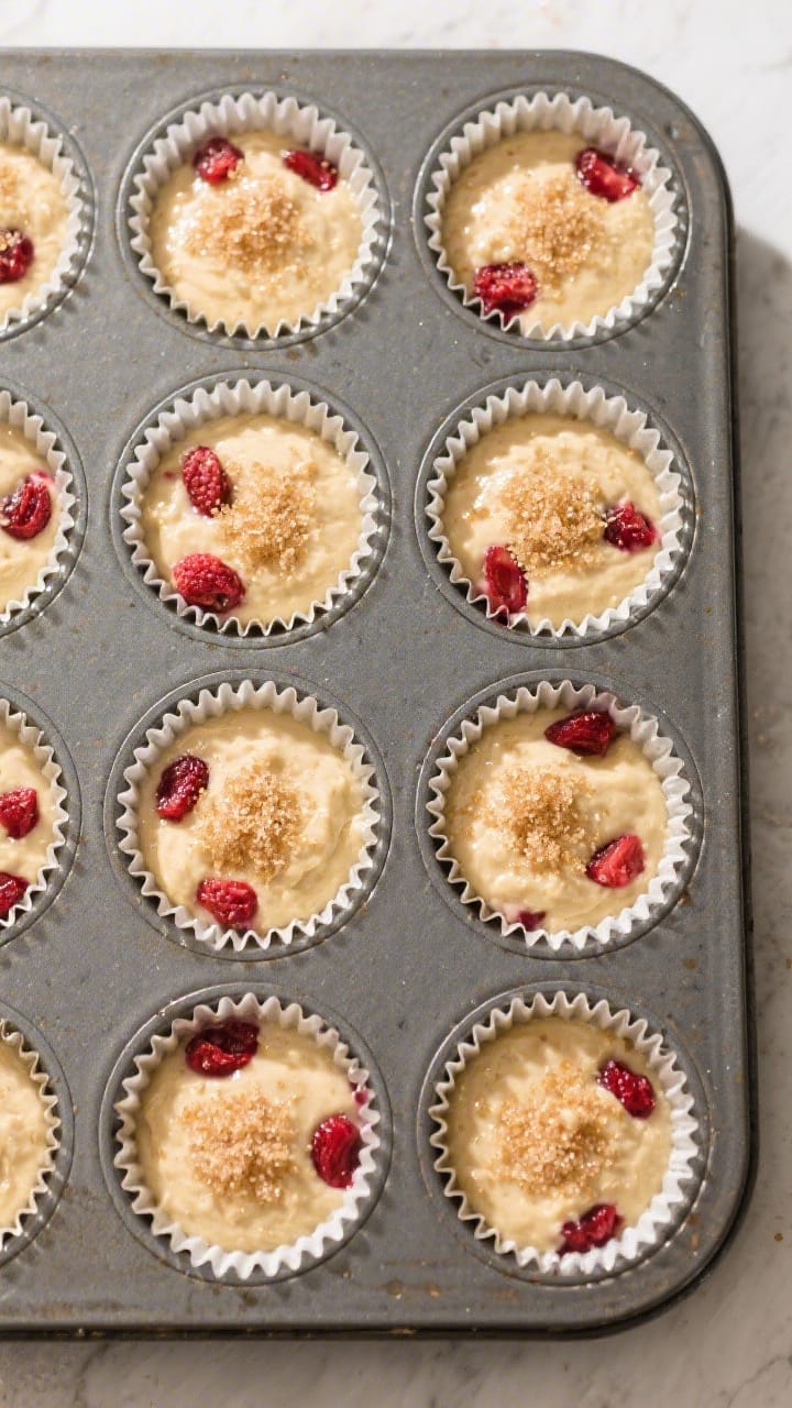 Tasty top view: Perfectly portioned muffin batter in a 12-cup lined muffin tin, cups filled about 3/