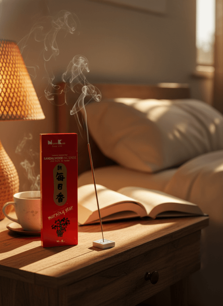 Relaxing Nightstand Ritual: Smoky incense stick with luxe red box, open book, cozy cup &amp; sunlit bed for restful sleep. Save this idea so you can come back to it later.