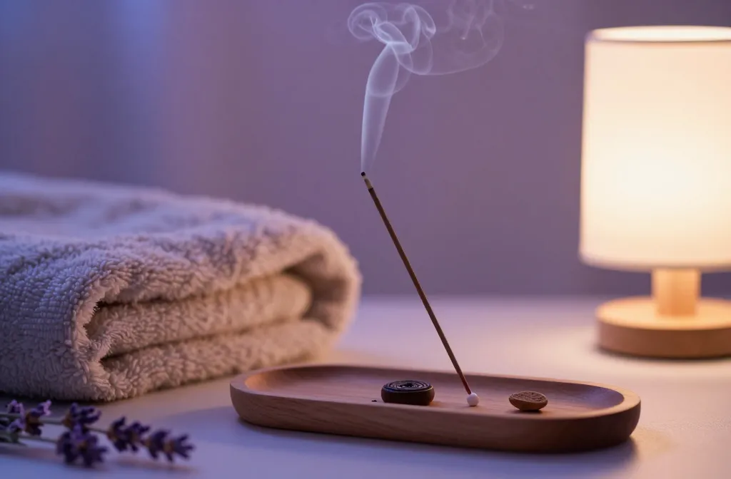 A cozy night routine setup with incense for relaxation and a warm candle
