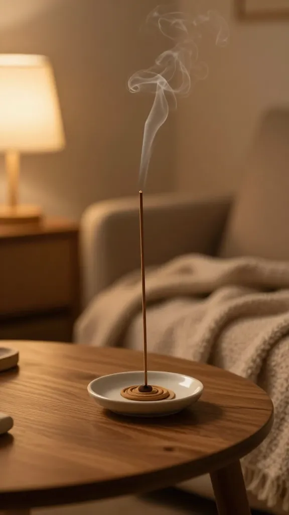 Serene Incense Ritual: Scented incense in a white holder, wisps of smoke, warm lamp&mdash;ideal for daily stress relief. Save this idea so you can come back to it later.