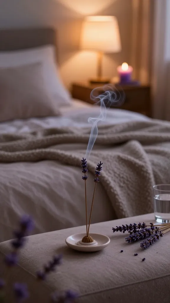 Lavender Relaxation Sanctuary: Soft incense smoke, plush ottoman, lamp glow&mdash;soothes bedtime stress. Save this idea so you can come back to it later.