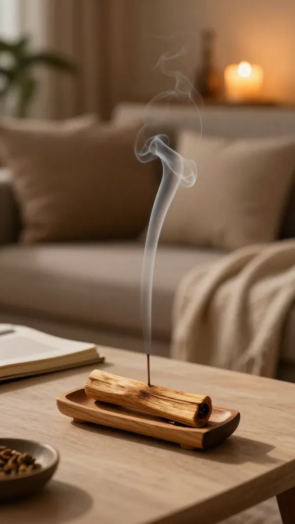 Relaxing Incense Sanctuary: Wooden incense holder emits calming spirals, plush sofa and candle set a tranquil mood&mdash;perfect for stress relief. Save this idea so you can come back to it later.