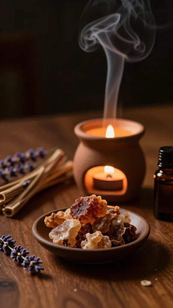 Aromatic Home Spa Vibes: Rustic clay candle burner with smoky swirl, frankincense, amber oil&mdash;soothing ambience for stress relief. Save this idea so you can come back to it later.