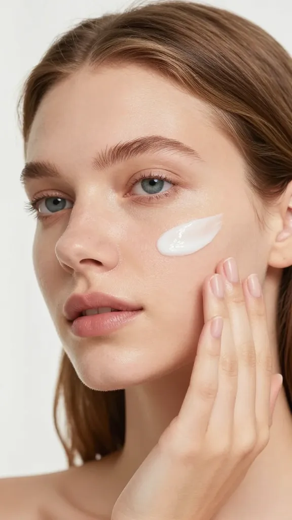 Closeup of a dewy skin tint on cheekbone, soft-focus background