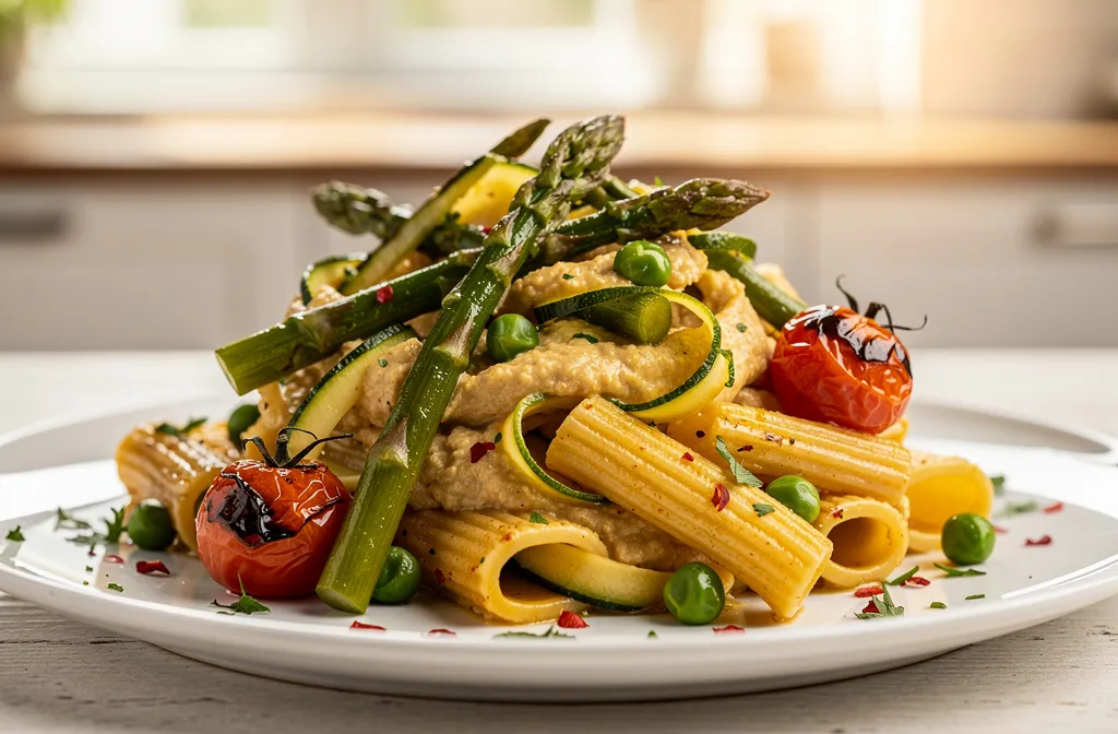 Easy Hummus Pasta Which Uses a Tub of Store-Bought Hummus As the "Instant" Creamy Sauce Base. a Glossy, Thick, Beige-to-Golden Sauce Clinging to Rigatoni or Fettuccine, Topped with Roasted Asparagus Spears, Zucchini, Bright Green Peas, and Blistered Cherry Tomatoes. Sprinkled with Fresh Mint or Parsley Red Chili Flakes and Lemon Zest. Fresh and Inviting for Spring or Summer.