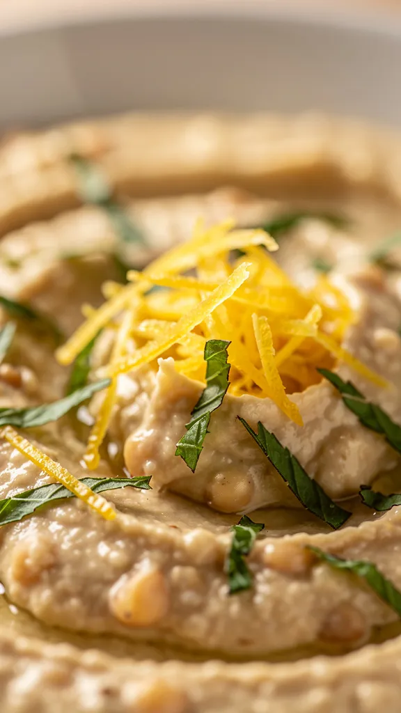 Macro texture shot of the finishing touches: paper-thin shavings of bright yellow lemon zest and finely julienned fresh green mint leaves scattered over a thick hummus pasta sauce. Hyper-detailed, soft background bokeh.