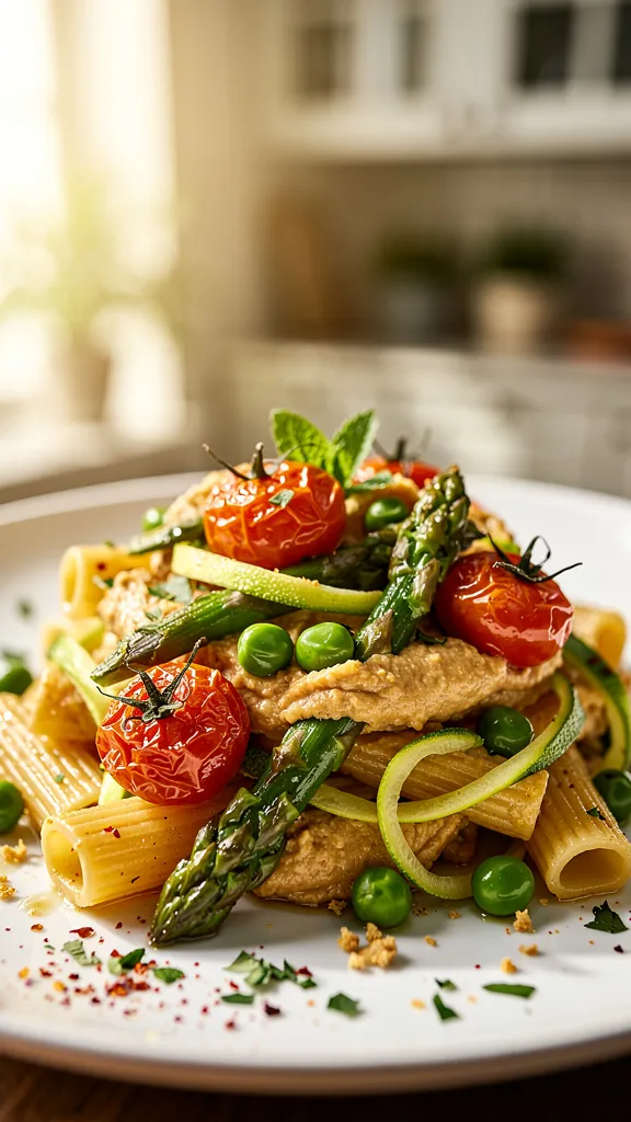 A glossy, beige-to-golden creamy hummus sauce clings to al dente rigatoni or fettuccine, tossed with blistered cherry tomatoes, roasted asparagus, zucchini ribbons, bright green peas, and a lemony sheen, shot in a sunlit spring kitchen with a soft bokeh background; close-up from a slightly elevated angle, high-contrast studio lighting to emphasize sheen and texture, plating on a white ceramic dish with fresh mint or parsley and red chili flakes sprinkled, all in warm, inviting tones suitable for a blog header.