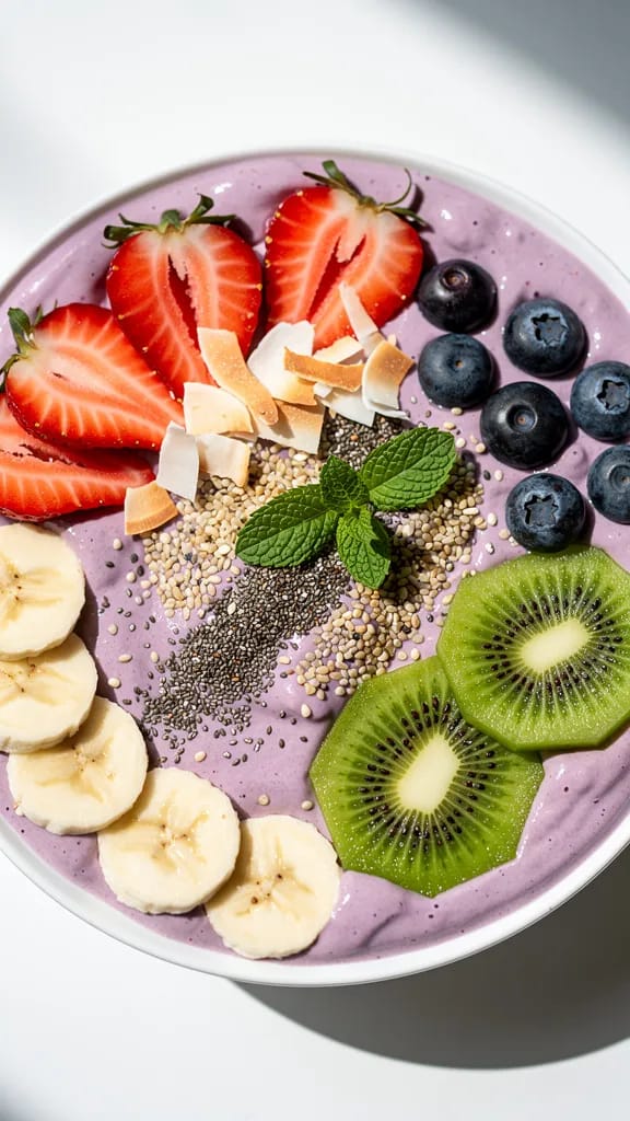 closeup vegan smoothie bowl with vibrant toppings. Vegan vs Vegetarian vs Flexitarian life