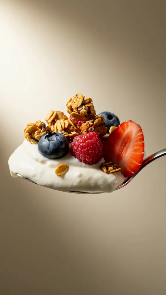 closeup spoonful of dairy-free yogurt with granola and berries