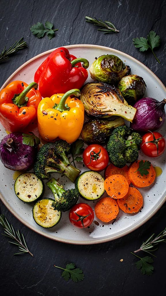 closeup plate of colorful roasted vegetables (no meat) on dark slate