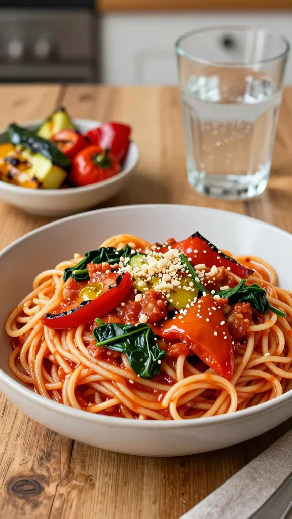 Pasta marinara with roasted garden vegetables - classic vegan restaurant options at Italian spots.