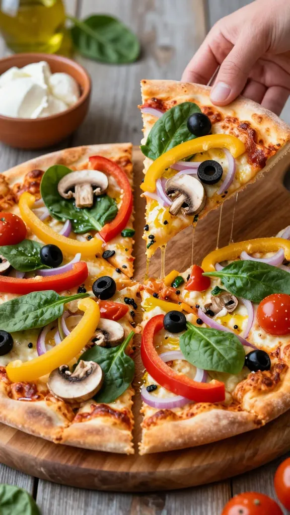 Veggie-loaded pizza with thin crust and fresh arugula - flexi-vegan restaurant hacks.
