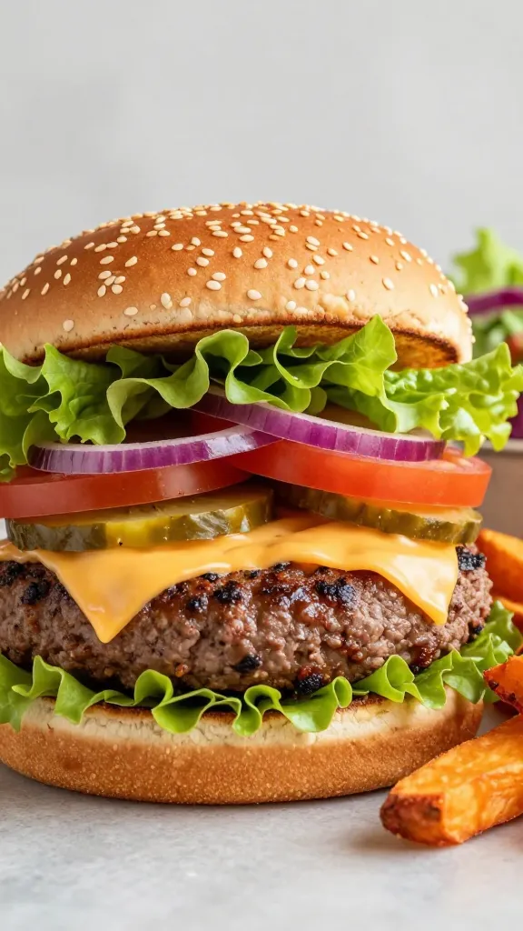 Juicy plant-based burger with avocado and sweet potato fries - modern vegan dining favorites