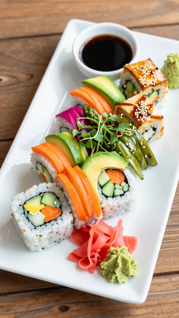 Colorful veggie sushi rolls with avocado and cucumber - healthy vegan restaurant options.