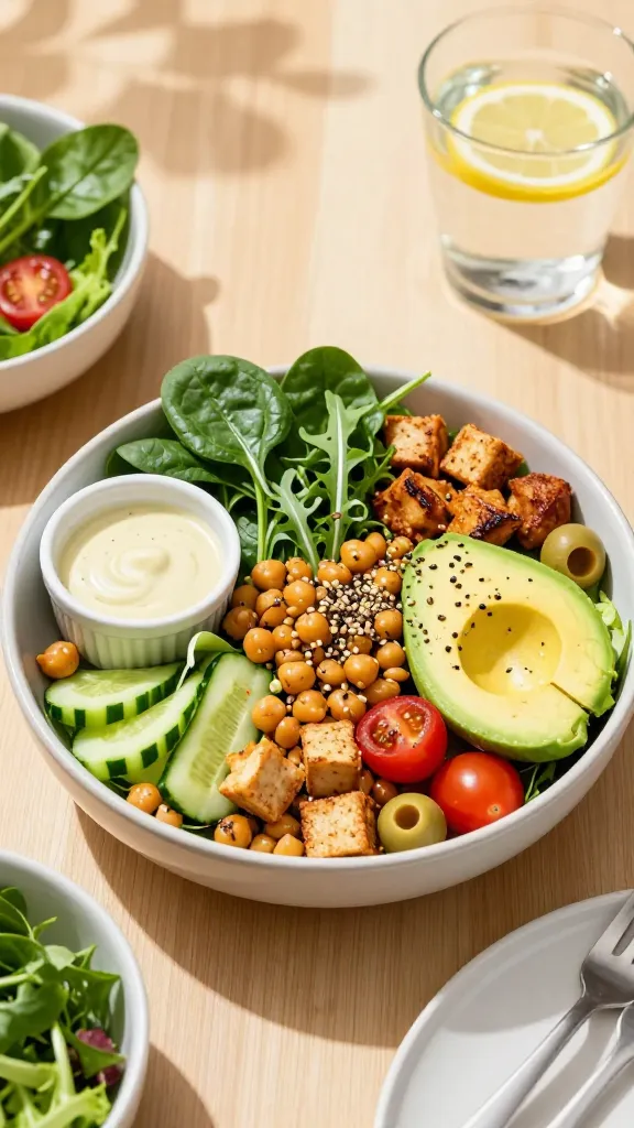 Fresh harvest salad bowl with chickpeas and toasted seeds - healthy vegan restaurant options for dining out.