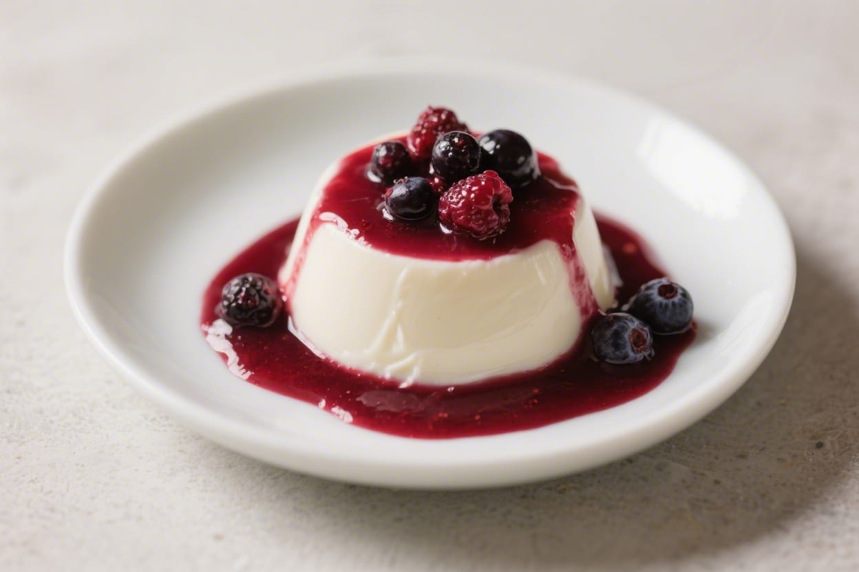 Vegan Coconut Panna Cotta: Silky, plant-based dessert crowned with fresh berries &amp; vibrant coulis, ideal for guilt-free treats. Save this idea so you can come back to it later.