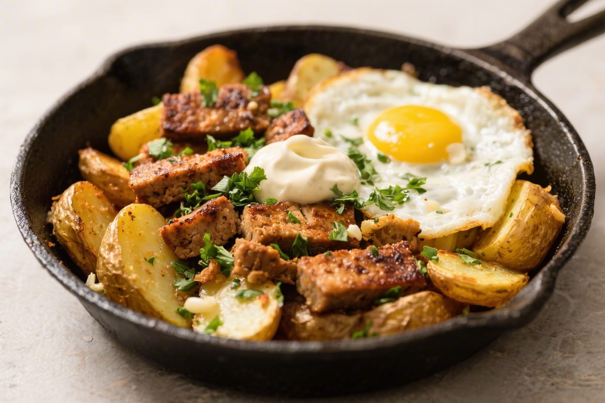 Crispy Breakfast Skillet: Rustic cast iron pan with crispy Yukon Gold potatoes, sizzling sausage, and a runny egg&mdash;weekend brunch bliss. Save this idea so you can come back to it later.