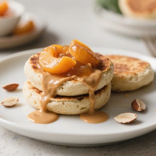 Vegan Pancake Bliss: Fluffy, golden pancakes with caramel & juicy peaches, scattered almonds&mdash;ideal for breakfast lovers. Save this idea so you can come back to it later.