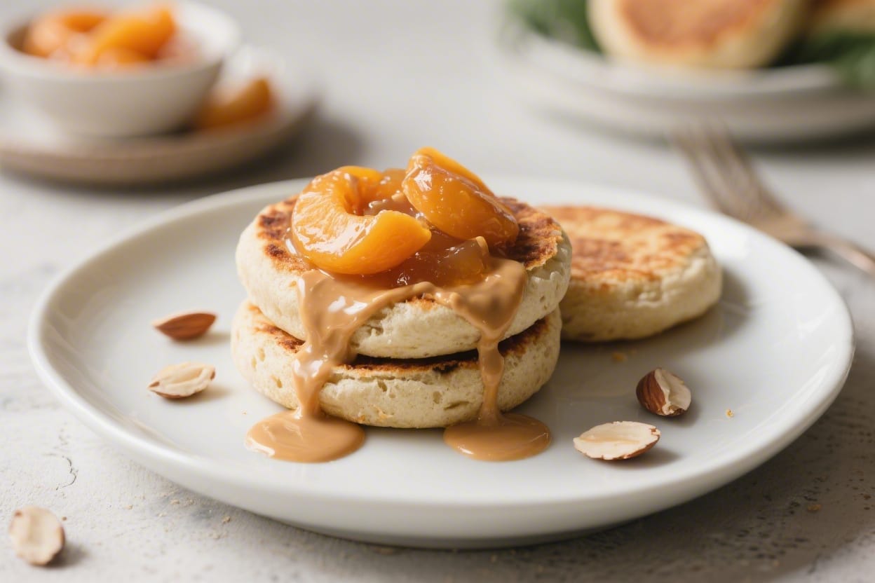 Vegan Pancake Bliss: Fluffy, golden pancakes with caramel & juicy peaches, scattered almonds—ideal for breakfast lovers. Save this idea so you can come back to it later.