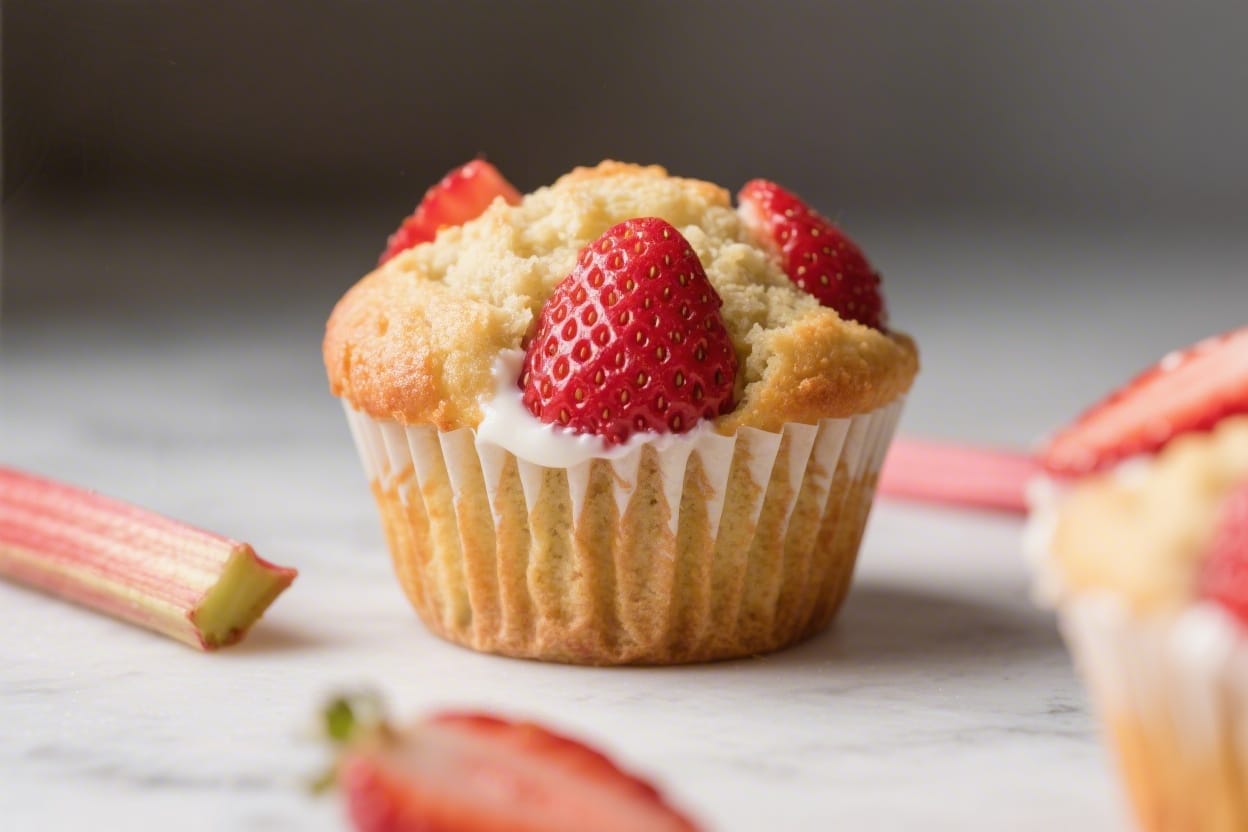 Strawberry Rhubarb Muffin Delight: Lush, golden vegan muffin with juicy fruit and glaze&mdash;perfect for spring brunch. Save this idea so you can come back to it later.
