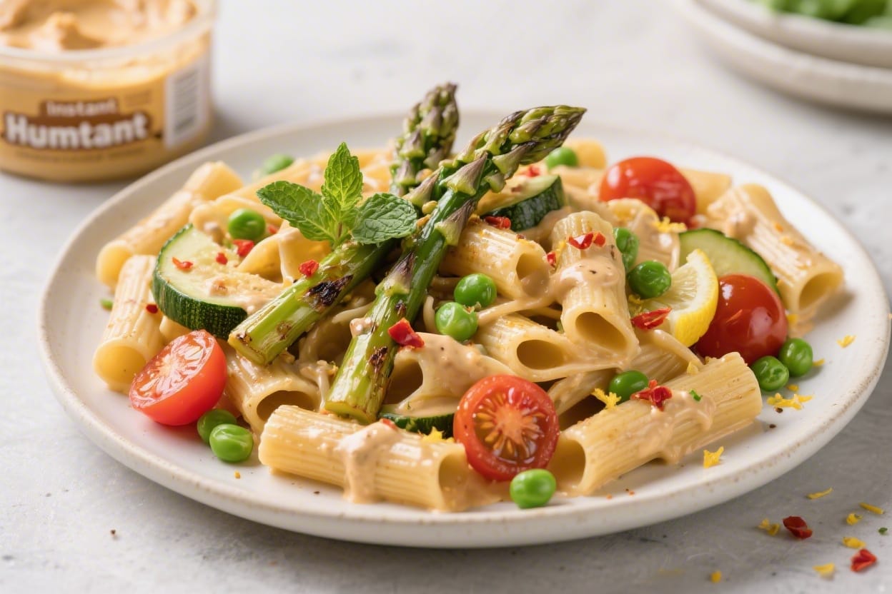 Spring Hummus Pasta: Vibrant, creamy pasta piled with asparagus, peas, and mint. Healthy &amp; flavor-packed&mdash;ideal for quick dinners. Save this idea so you can come back to it later.