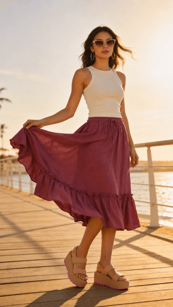 Summer Boardwalk Style: Chic, confident woman in breezy mauve skirt and sandals&mdash;ideal for hot days by the water. Save this idea so you can come back to it later.