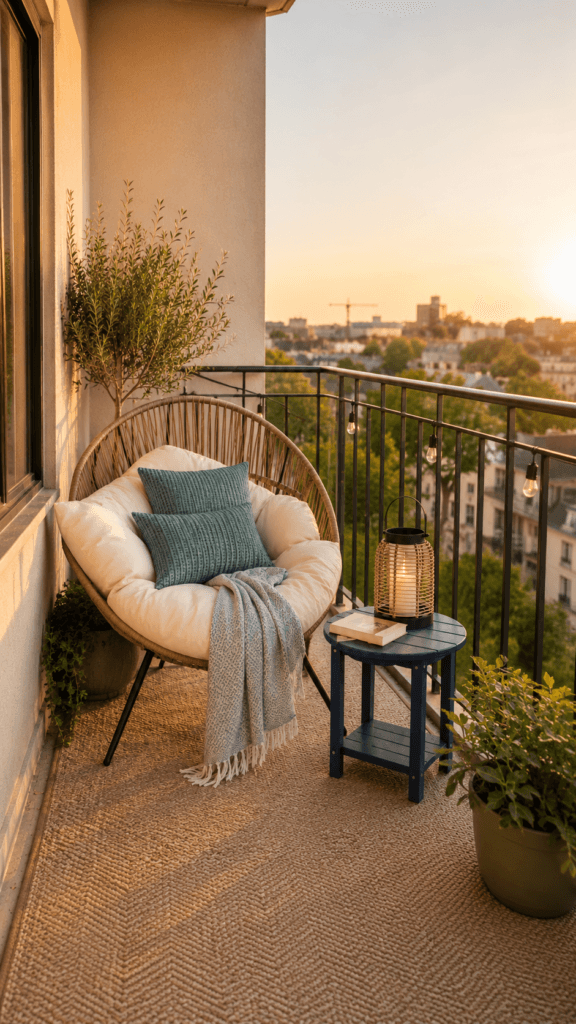 Small Balcony Oasis: Plush cushioned chair and potted plants in sunset glow—perfect for city relaxation. Save this idea so you can come back to it later.