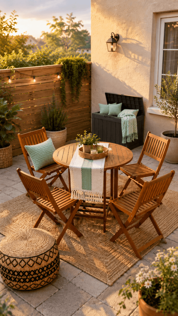 Chic Small Patio Vibes: Sun-kissed round wooden table, plush rugs, string lights; lush plants boost relaxation. Save this idea so you can come back to it later.