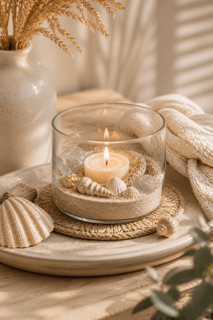 Beach Candle Decor: Cozy, breezy glass candle with seashells, on a woven mat—great for relaxing coastal vibes. Save this idea so you can come back to it later.