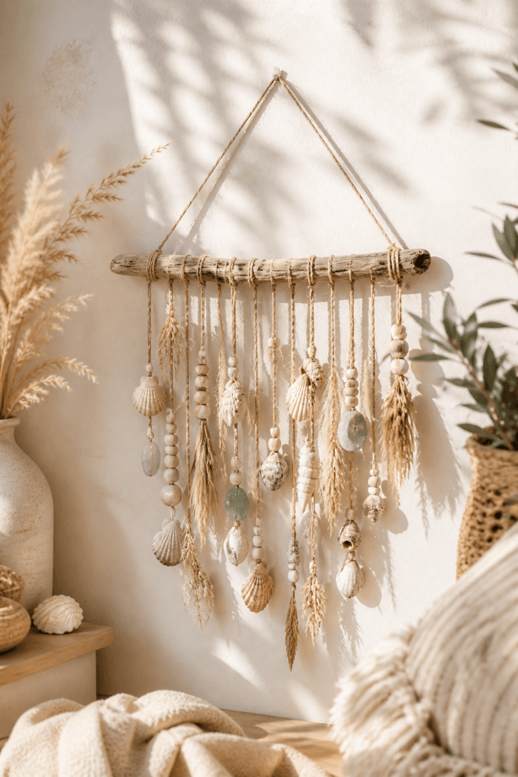 Coastal Driftwood Wall Art: Airy, hand-crafted hanging with shells, pampas grass & plush blankets—brings breezy calm. Save this idea so you can come back to it later.