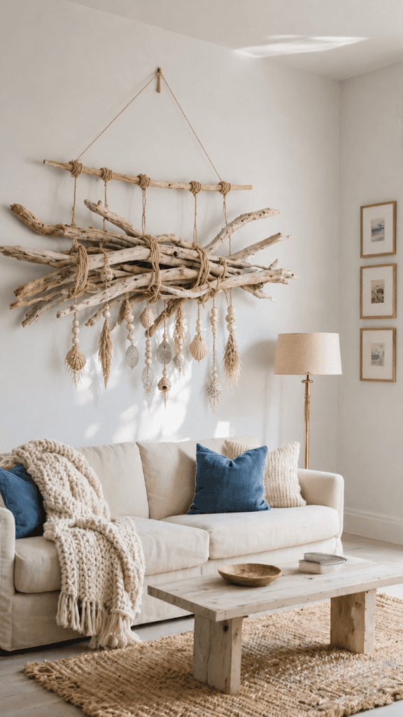Sun-Drenched Comfort: Soft beige couch with plush knit throw, rustic wood table, driftwood art—ideal for serene relaxation. Save this idea so you can come back to it later.