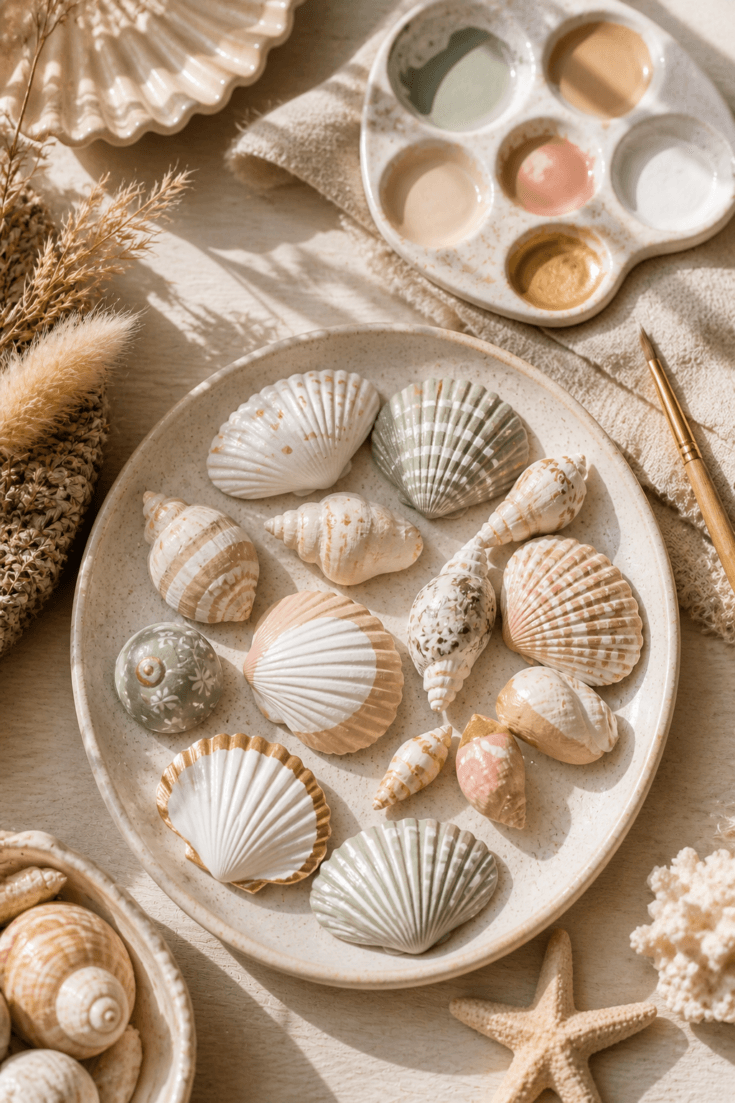 Pastel Seashell Art Plate: Hand-painted glossy shells, starfish, and paint set evoke tranquil beach vibes—fun DIY decor! Save this idea so you can come back to it later.
