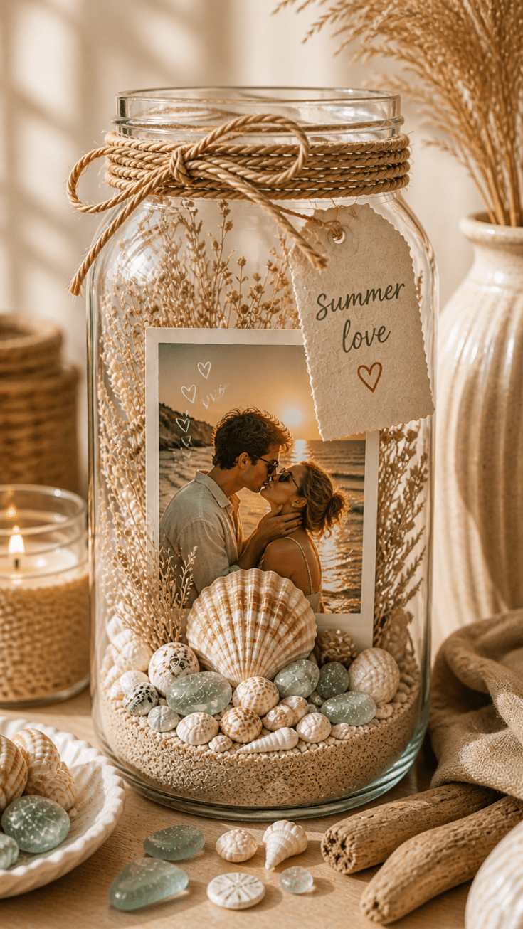 Beach Memory Jar Decor: Rustic-glass jar with sun-bleached sand, sea glass, and “Summer love” tag—perfect for coastal vibes. Save this idea so you can come back to it later.