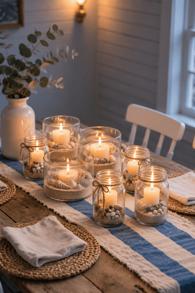 Beach Date Table Decor: Cozy, sun-kissed wood, candles in sandy jars, woven mats. Ideal for a relaxed dinner. Save this idea so you can come back to it later.