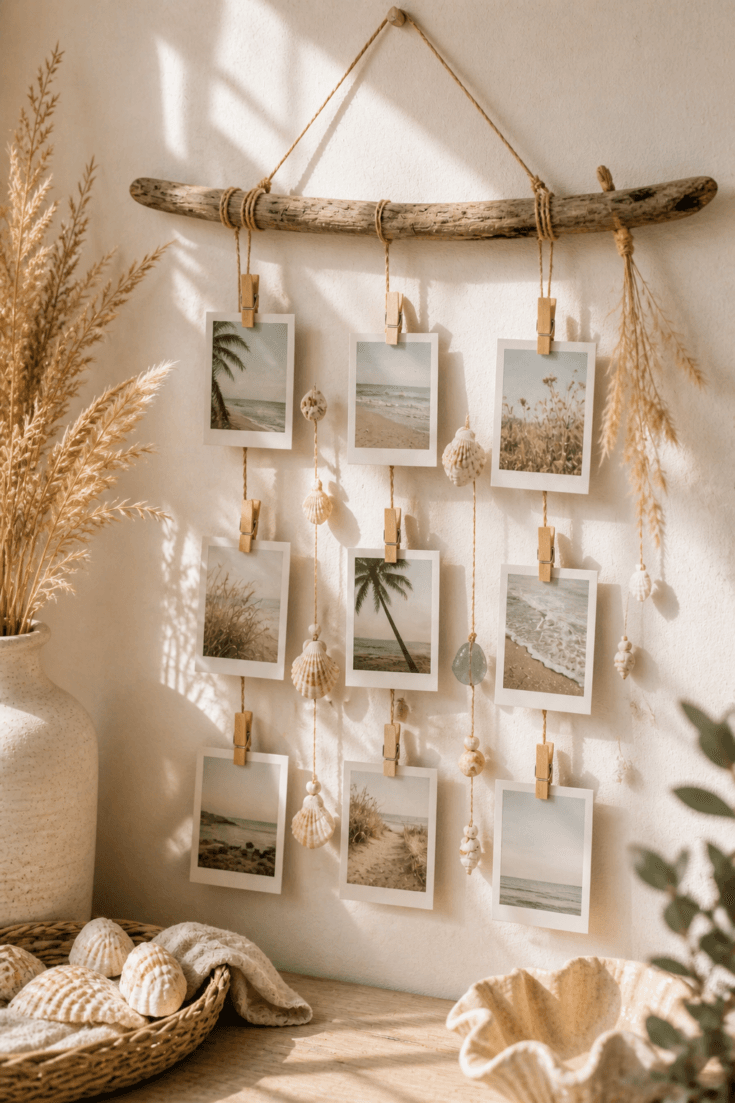 Beachy Wall Art Decor: Breezy, nostalgic display with seashells, glossy Polaroids & sun-warmed wood. Save this idea so you can come back to it later.