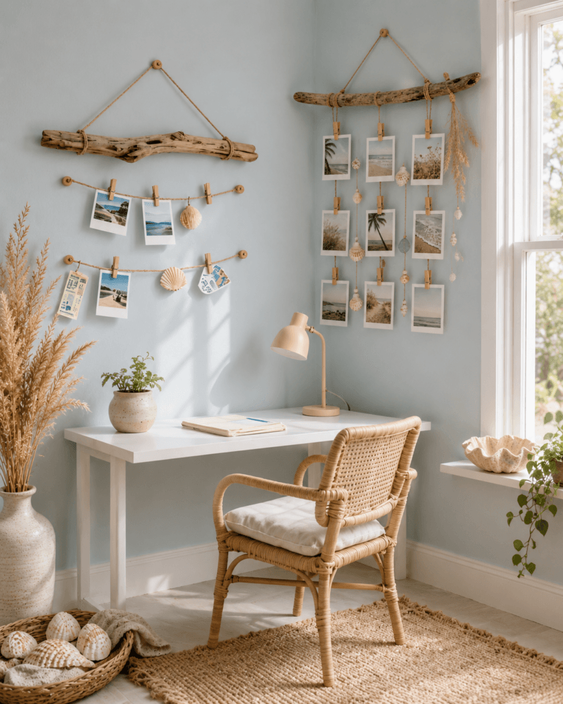 Boho Home Office Retreat: Airy white desk, lush potted plant, driftwood art; inspires relaxation & focus. Save this idea so you can come back to it later.