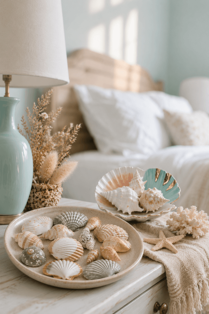 Coastal Nightstand Decor: Serene, sunlit table with sea treasures and pale blue lamp—inviting relaxation. Save this idea so you can come back to it later.