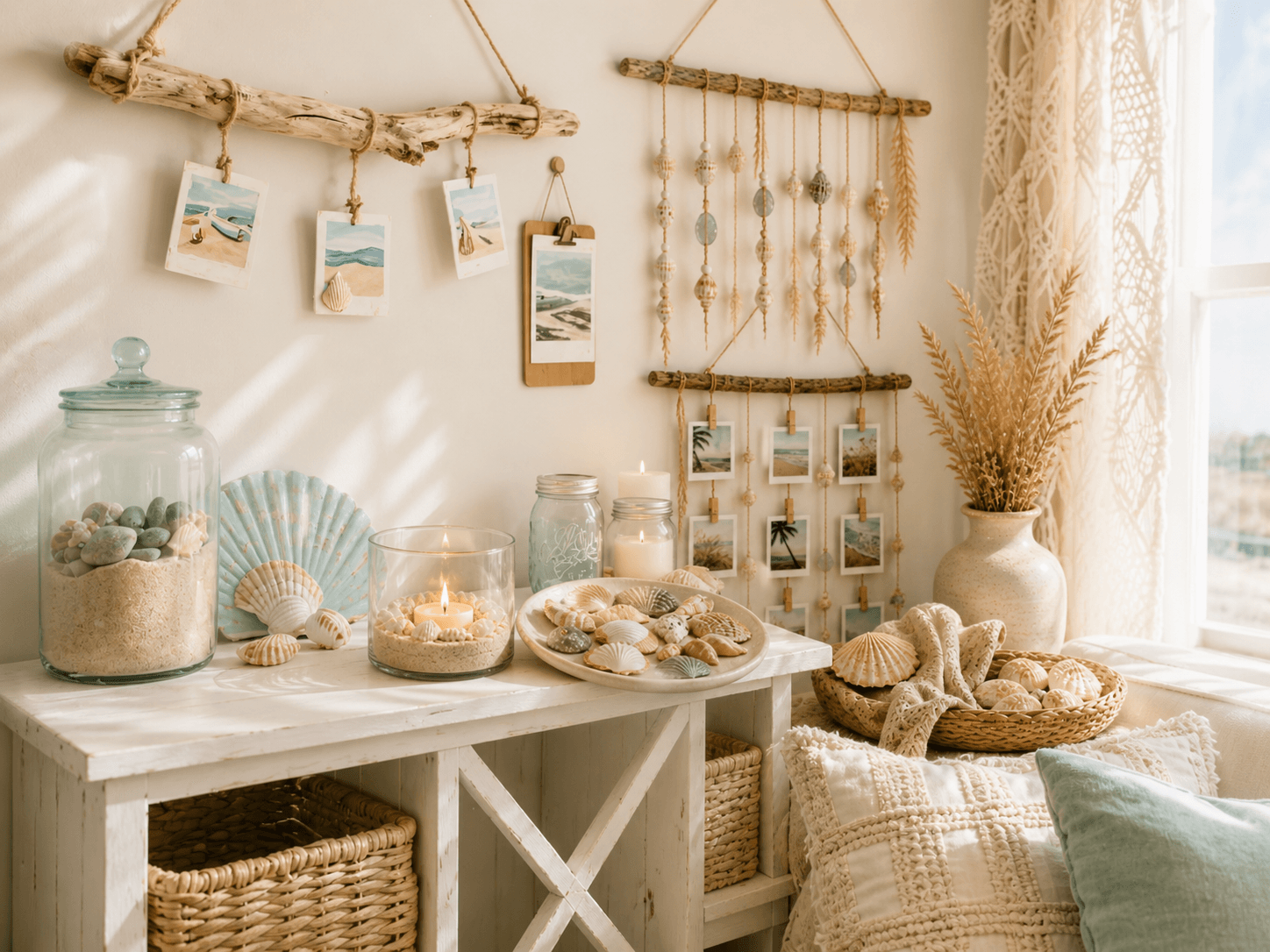 Serene Coastal Room Decor: Sunlit woven baskets, candles &amp; shells on a white table&mdash;relaxing beach vibe for your home. Save this idea so you can come back to it later.