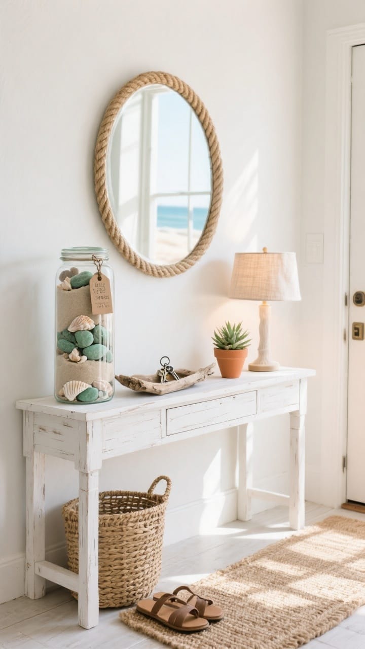 Photorealistic medium shot of a bright, sunlit entryway console in whitewashed wood, styled with a tall Coastal Memory Jar layered with 1-inch strata of pale sand, smooth beach stones, and mixed seashells, a tiny dated tag tucked inside; above it, a round rope-trimmed mirror reflecting soft natural light; on the console a driftwood tray holding keys, a small terracotta potted succulent, and a linen-wrapped lamp glowing warmly; underfoot a woven jute runner, a rattan basket for sandals beside the console; color palette of soft whites, pale dune beige, and sea-glass green accents; straight-on perspective, airy, organized yet relaxed beachy vibe, no people.