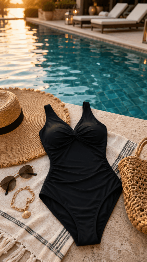This tummy control bathing suit features a comfortable v neck design and high quality ribbed fabric. Pair with a straw hat for your next tropical vacation or beach day. Pin this for your summer outfit inspiration.