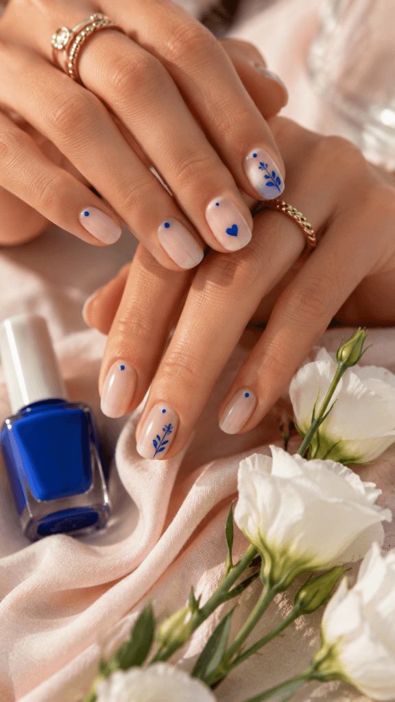 Cobalt Blue Nail Art Inspiration: Elegant nude-polished hands, dainty blue florals, luxe gold rings&mdash;perfect for chic spring nails. Save this idea so you can come back to it later.