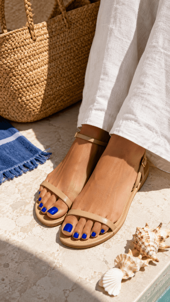 Beach Chic Relaxation: Sun-kissed nails pop against crisp linen pants and a woven bag, perfect for stylish seaside lounging. Save this idea so you can come back to it later.