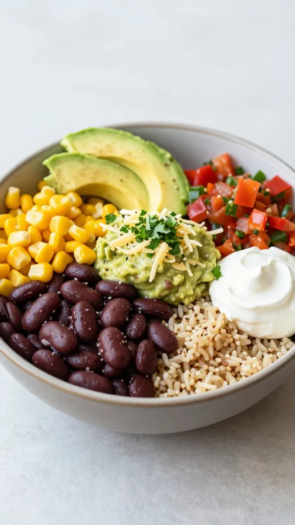 A vibrant bean burrito bowl loaded with black beans, corn, rice, fresh salsa, and avocado slices.